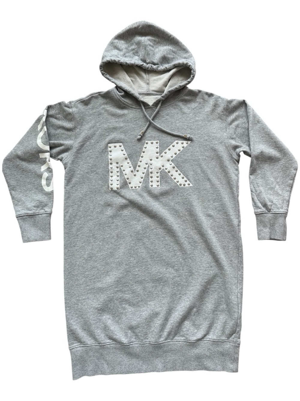 Michael Kors Hoodie Dress Small Gray Cotton Studded MK Logo Hooded Sweatshirt